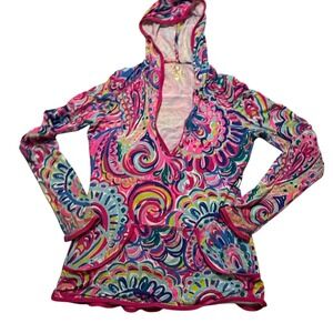 Lilly Pulitzer Luxletic Pink Paisley V-Neck Hoodie Pullover Thumbholes XXS